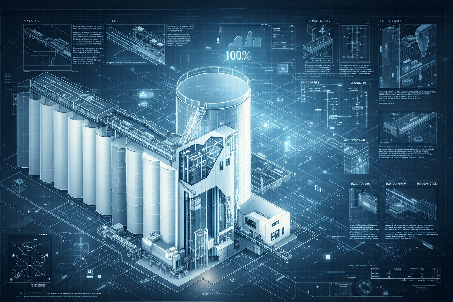 Visualización conceptual digital de ingeniería y automatización de una planta de silos