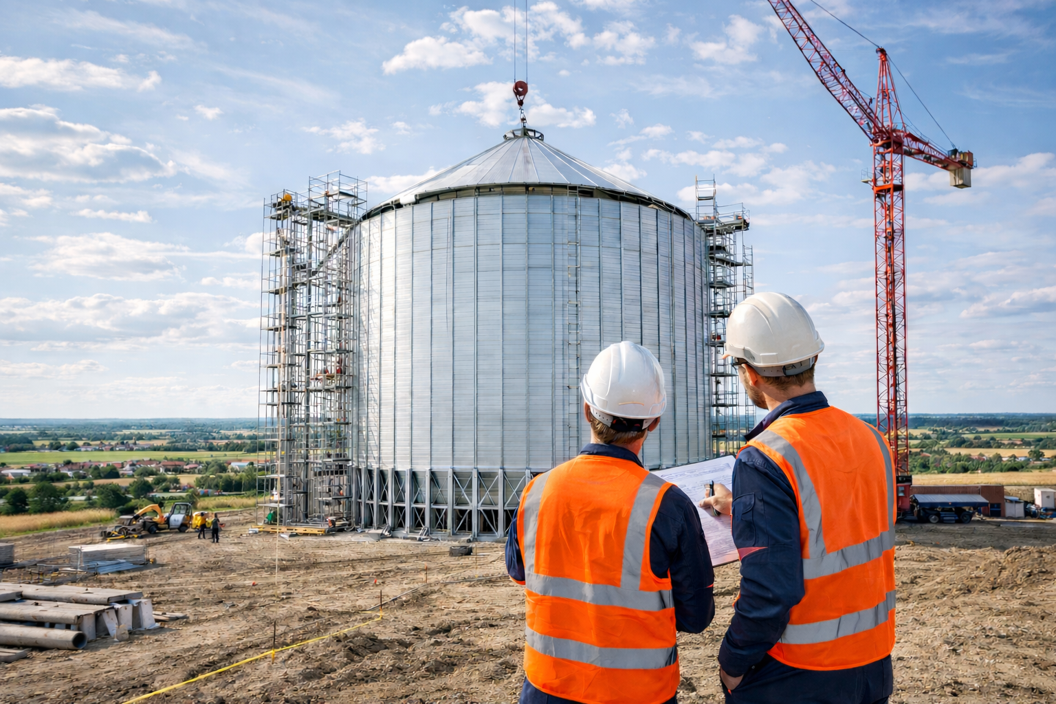 Visualización conceptual de ingenieros supervisando el montaje de un silo metálico